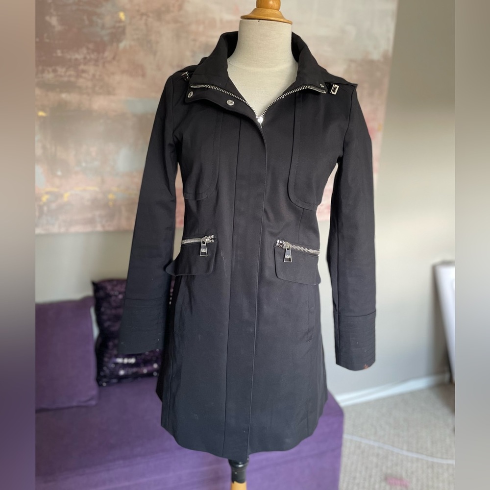 Karl Lagerfeld Paris black trench coat, removable hood & silver hardware size XS
